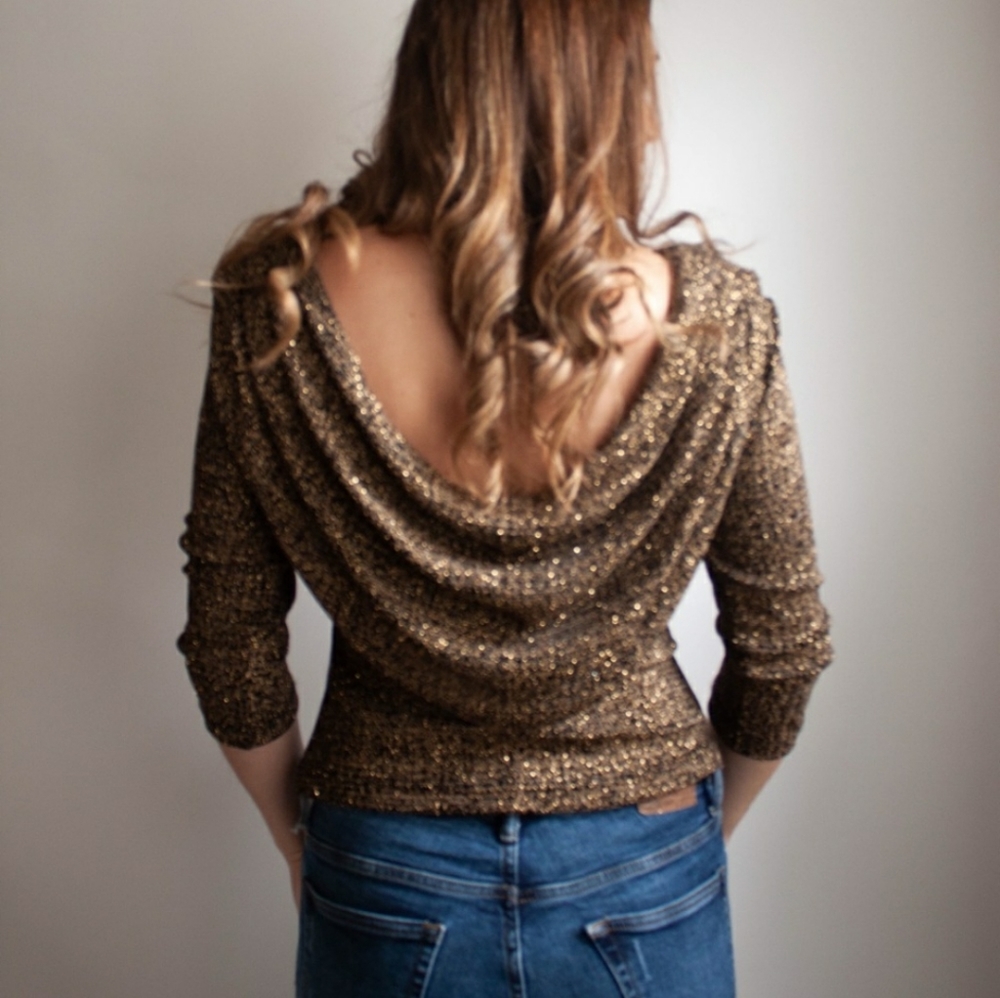 MSK Glitter Gold Cowl Neck/Open Back Detail Top.